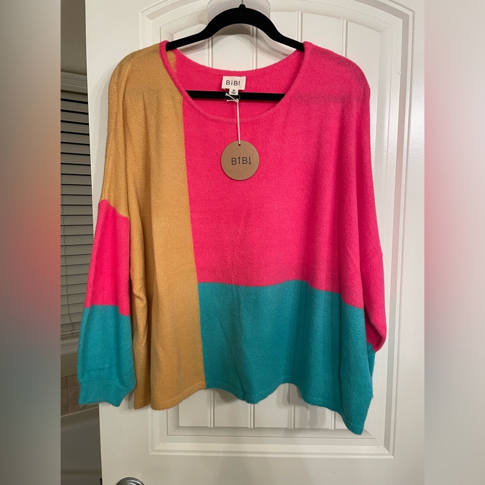 BiBi Pink, Tan, and Teal Color Block Sweater